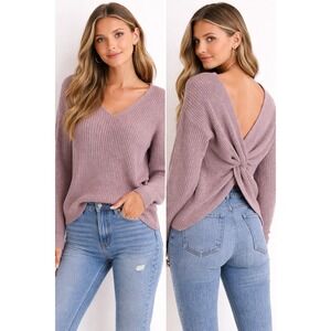Love Tree Women's Large Mauve Ribbed Twist Back Sweater V Neck Knit